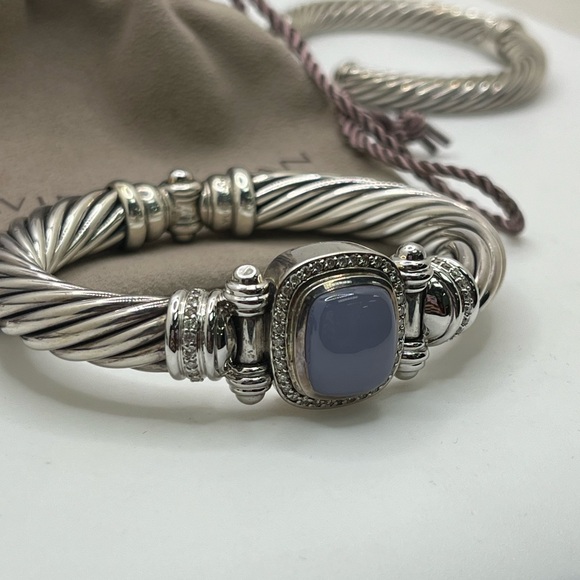 David Yurman Blue Chalcedony Diamond Sterling Silver 18K Gold Cable Bracelet - Picture 7 of 11